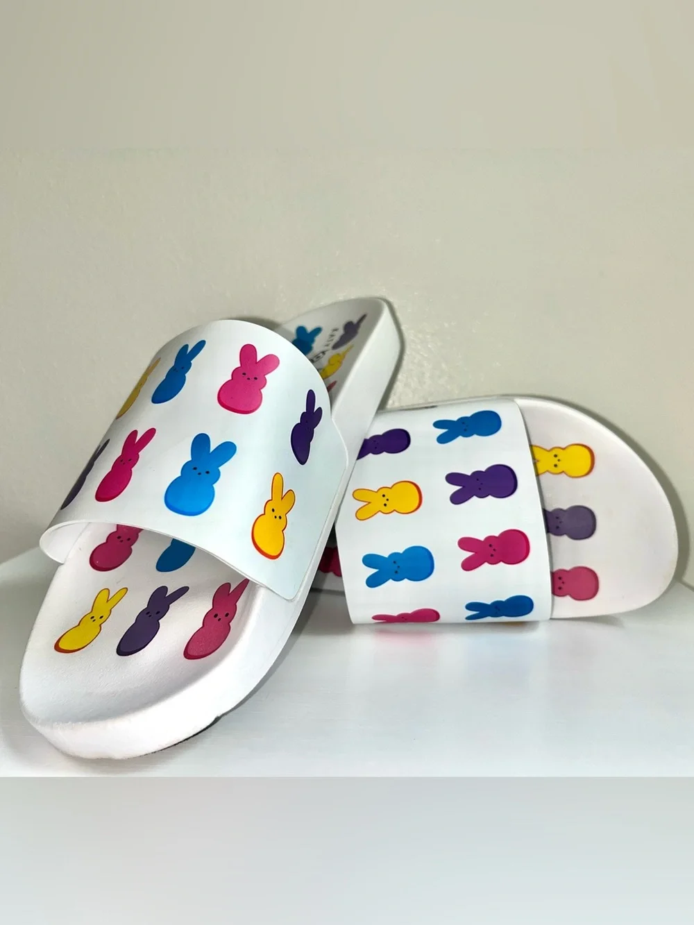 Katy Perry Collections X Peeps Bunny Slides Sandals Round Toe Wht/Mul EUC SZ 11